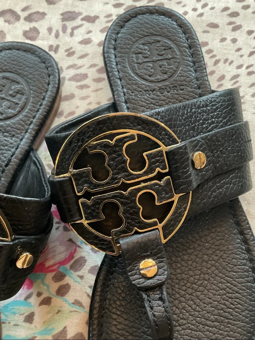 Tory Burch Black Leather Amanda Sandals with Gold Logo Medallions